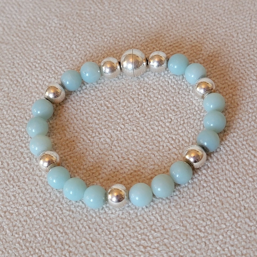 Sterling Silver & Amazonite Bead Bracelet Magnetic Closure
